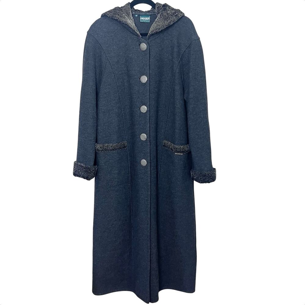 Geiger Austria Pure Wool Long Hooded Coat Faux Shearling Trim Gray Medium